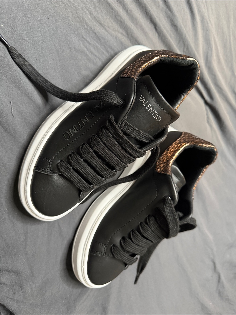 Valentino Black Leather Sneakers with Brown Accent Heel